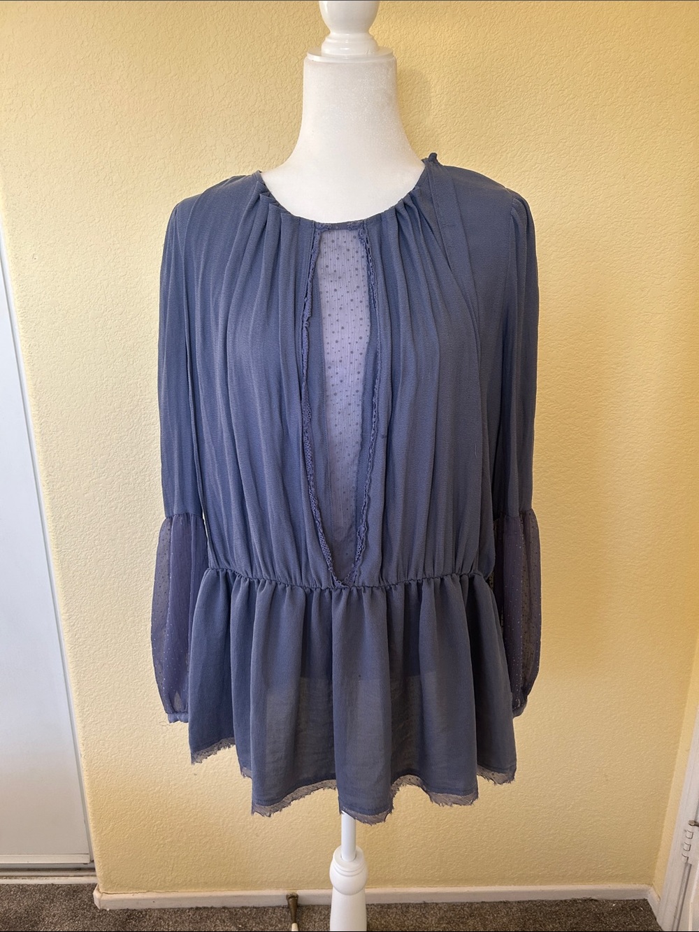 Free People Slate Blue Sheer Peplum Blouse